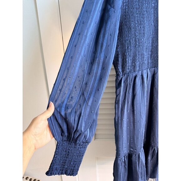 Lulus Blue Smocked Ruffle Long Sleeve Mini Dress XL Swiss Dot Sheer Sleeves - Picture 2 of 12